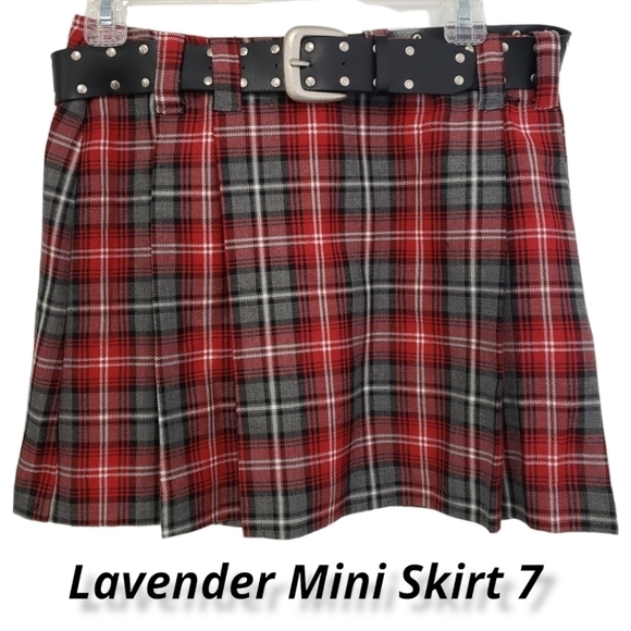 Y2K Plaid Pleated Mini Skirt with Belt 7 Red and Grey EUC Twee USA By Lavender - Picture 3 of 12